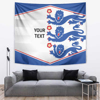 Blue and white lion tapestry wall hanging with red trim and “YOUR TEXT” text block.