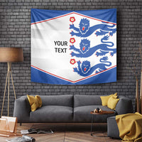 Blue and white lion football tapestry wall hanging with red trim and space for “YOUR TEXT”.
