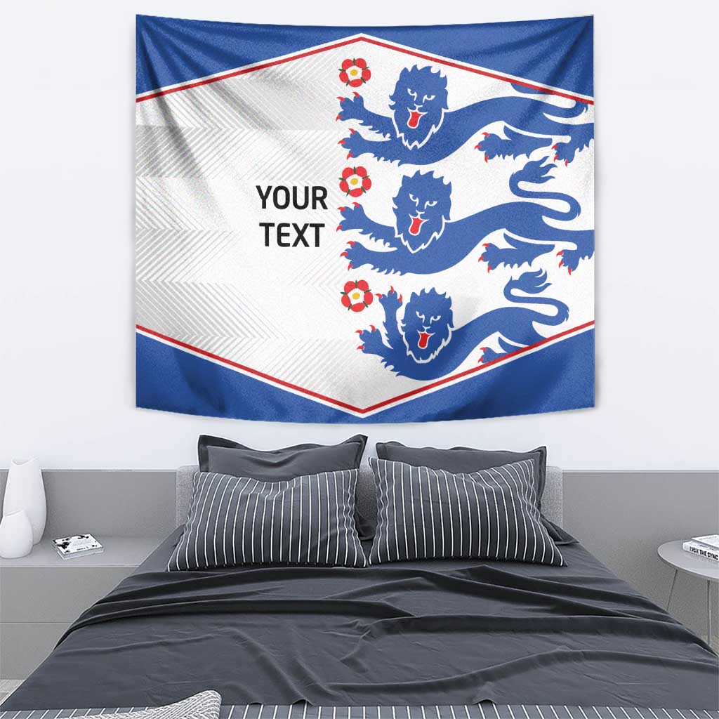 Lion pattern tapestry wall hanging in blue and white with red border and “YOUR TEXT” area.