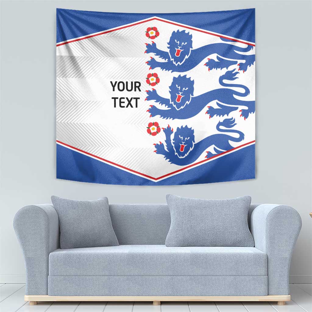 Blue, white, and red lion tapestry wall hanging with “YOUR TEXT” in the center.