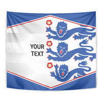 Full view blue and white lion football tapestry with red border and “YOUR TEXT” wording.