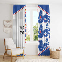 Blue and white window curtain panel set with triple lion crest and diagonal trim
