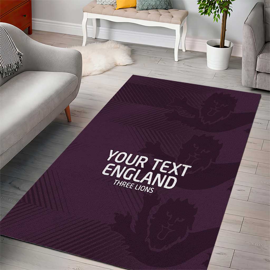 Purple England area rug, rectangular, showing 'YOUR TEXT ENGLAND' and 'THREE LIONS'