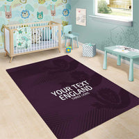 Purple England area rug featuring 'YOUR TEXT ENGLAND' and 'THREE LIONS' lettering