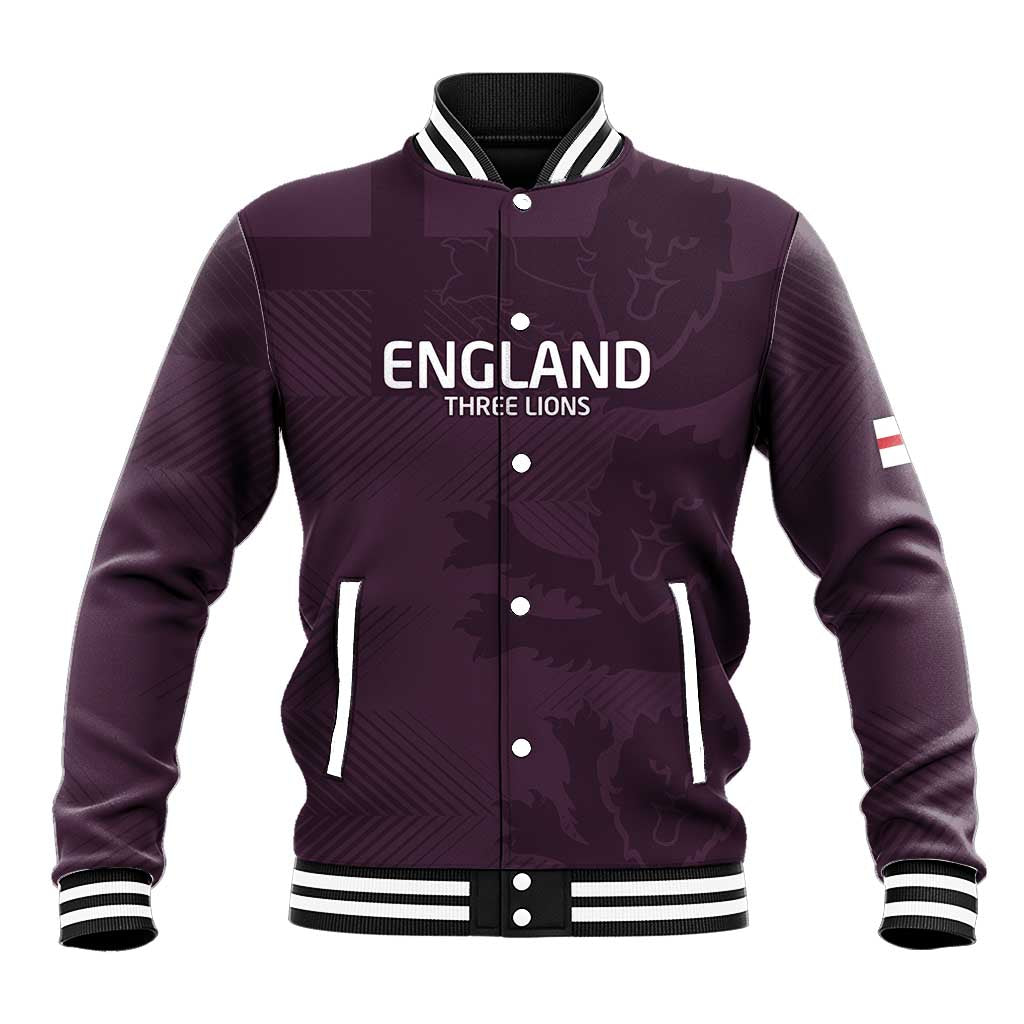 Purple England football baseball jacket with snap front, ribbed collar, and lion graphic