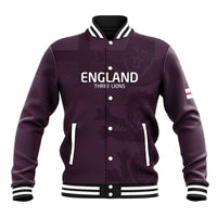Purple England football baseball jacket with snap front, ribbed collar, and lion graphic