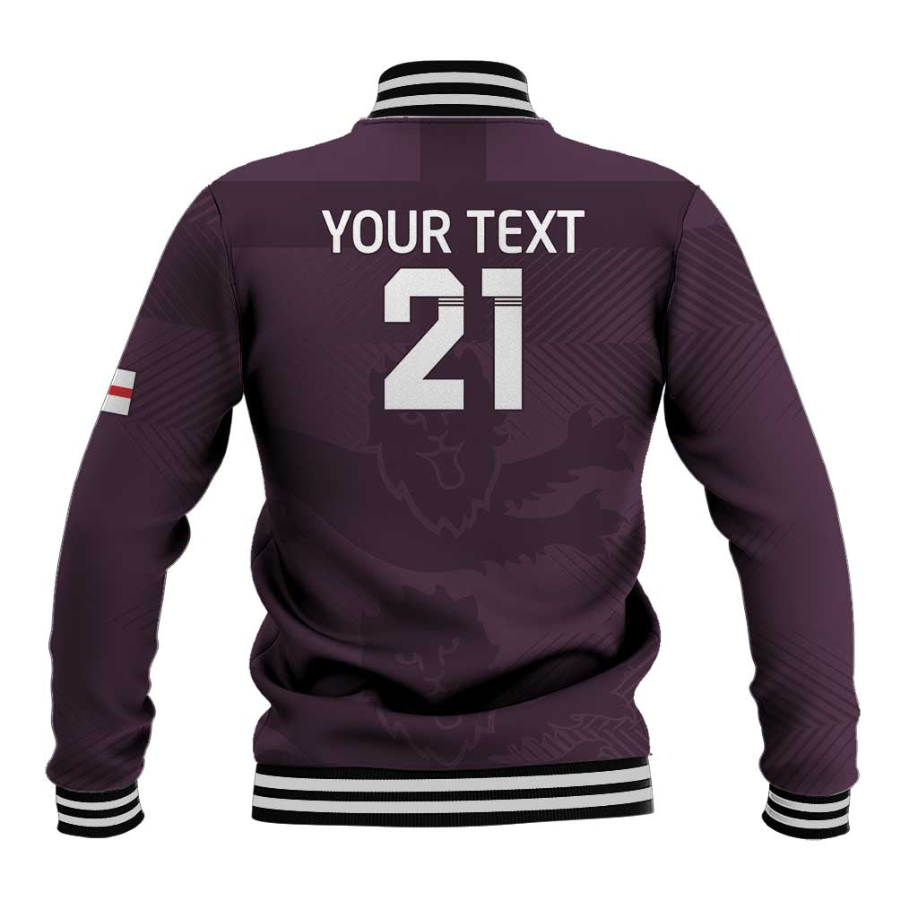 Purple baseball jacket back with 'YOUR TEXT 21' print, striped ribbed collar and cuffs