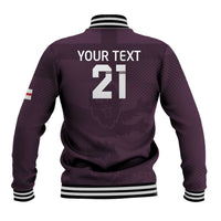 Purple baseball jacket back with 'YOUR TEXT 21' print, striped ribbed collar and cuffs