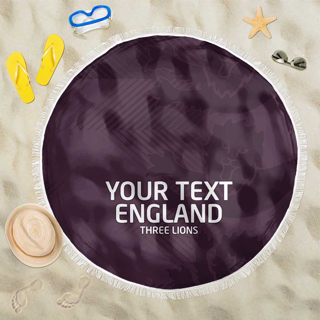 Purple round beach blanket with white fringe, printed "YOUR TEXT ENGLAND THREE LIONS".