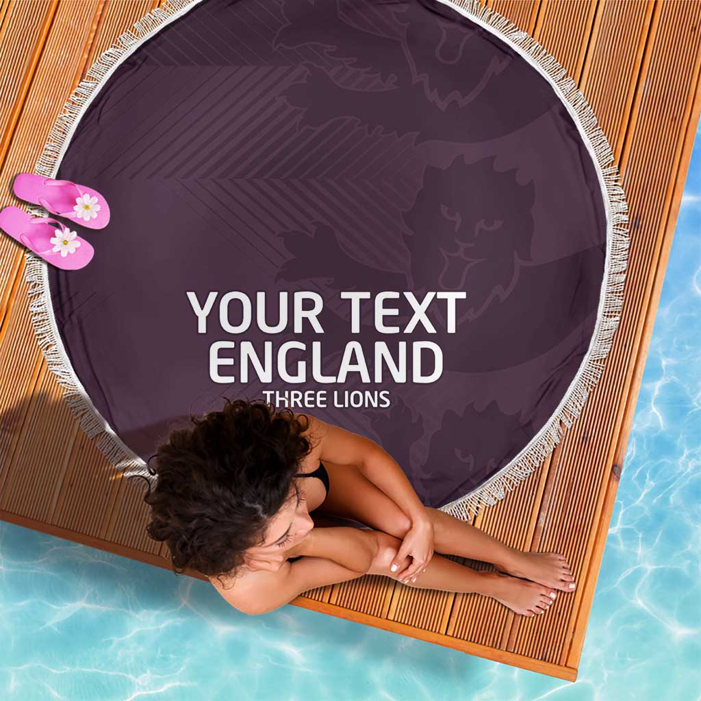 Purple round beach blanket with white fringe, printed "YOUR TEXT ENGLAND THREE LIONS".