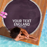 Purple round beach blanket with white fringe, printed "YOUR TEXT ENGLAND THREE LIONS".