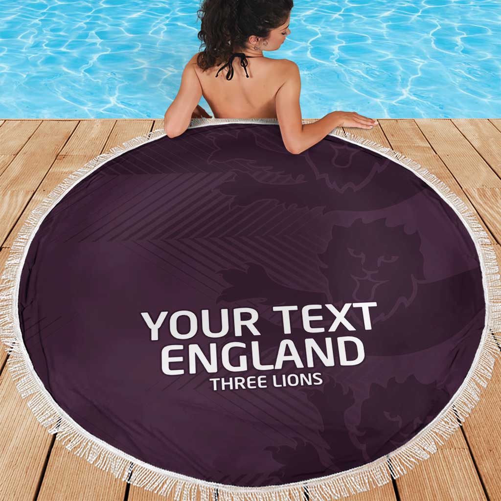 Purple round beach blanket with white fringe, printed "YOUR TEXT ENGLAND THREE LIONS" on deck.