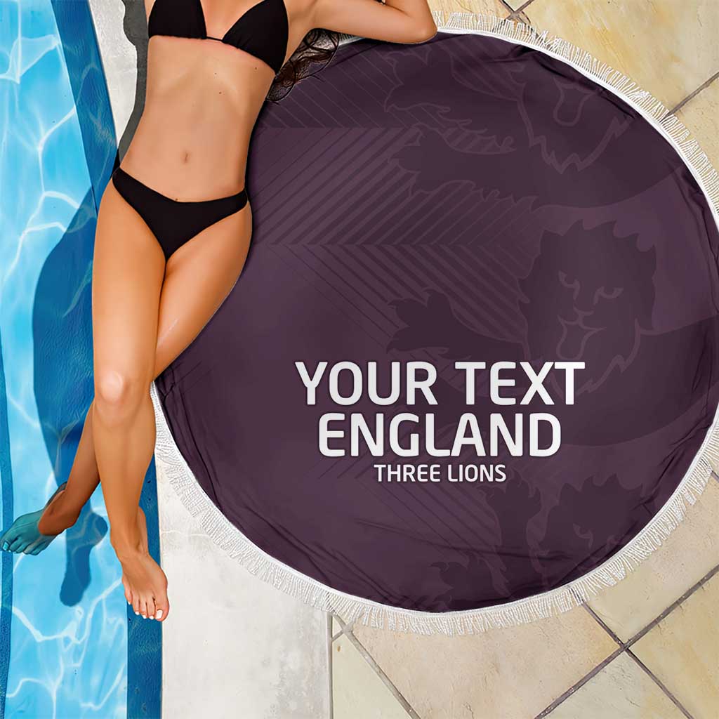 Purple round beach blanket with white fringe, printed "YOUR TEXT ENGLAND THREE LIONS" by pool.