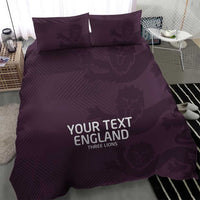 Purple England bedding set with duvet and two pillowcases featuring “YOUR TEXT ENGLAND”