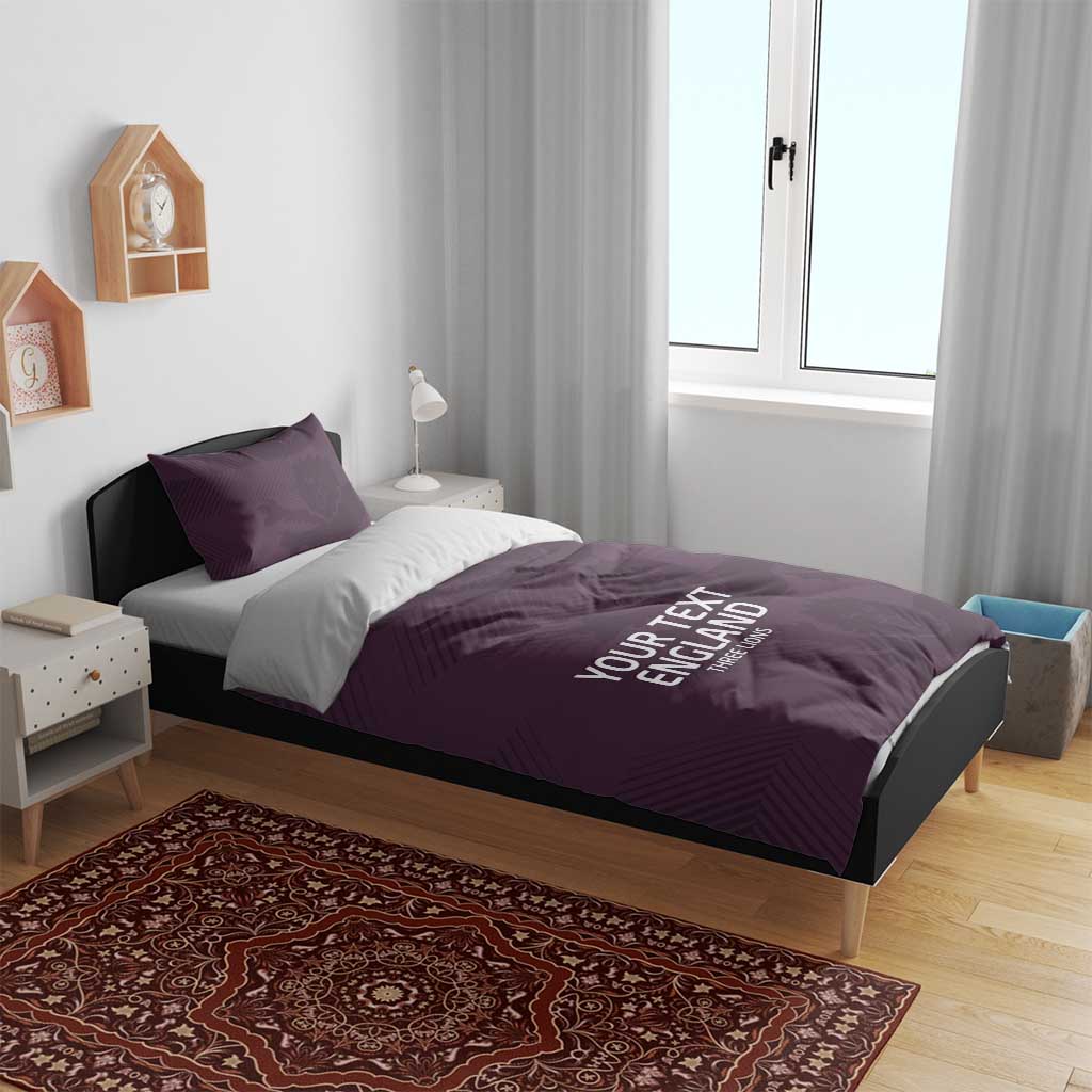 Purple England bedding set with duvet and pillowcases showing “YOUR TEXT” and Three Lions