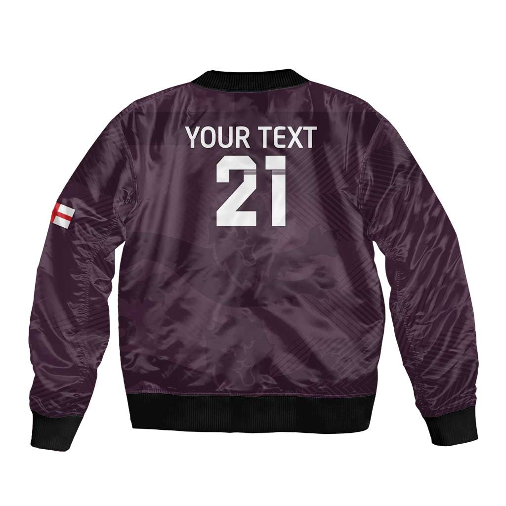 Purple unisex bomber jacket back with YOUR TEXT 21 print; ribbed hem and cuffs