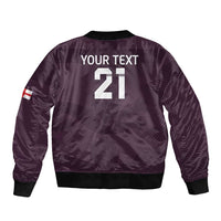 Purple unisex bomber jacket back with YOUR TEXT 21 print; ribbed hem and cuffs
