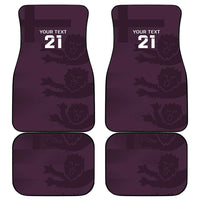 Purple car floor mat set of four with 'YOUR TEXT 21' text and matching pattern