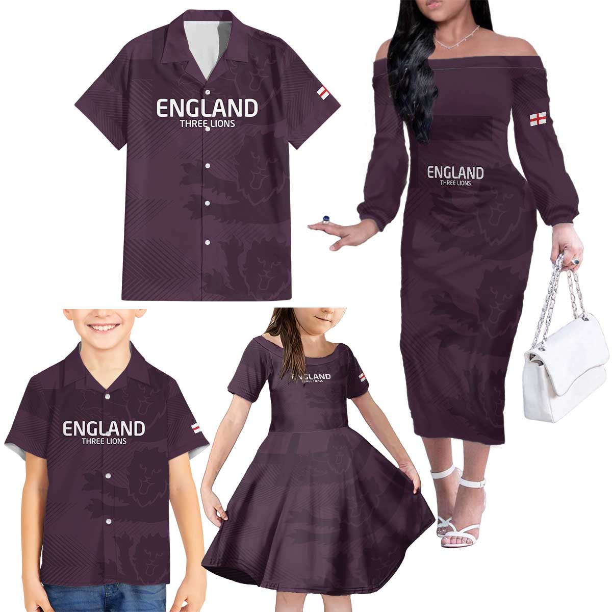 Custom England Football Family Matching Off The Shoulder Long Sleeve Dress and Hawaiian Shirt Come On Champions - Wonder Print Shop