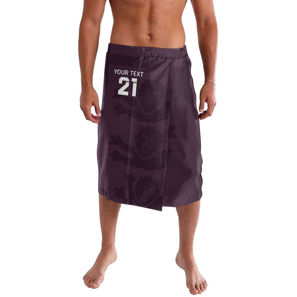 Purple camo-style lavalava skirt with elastic waistband and custom team text print