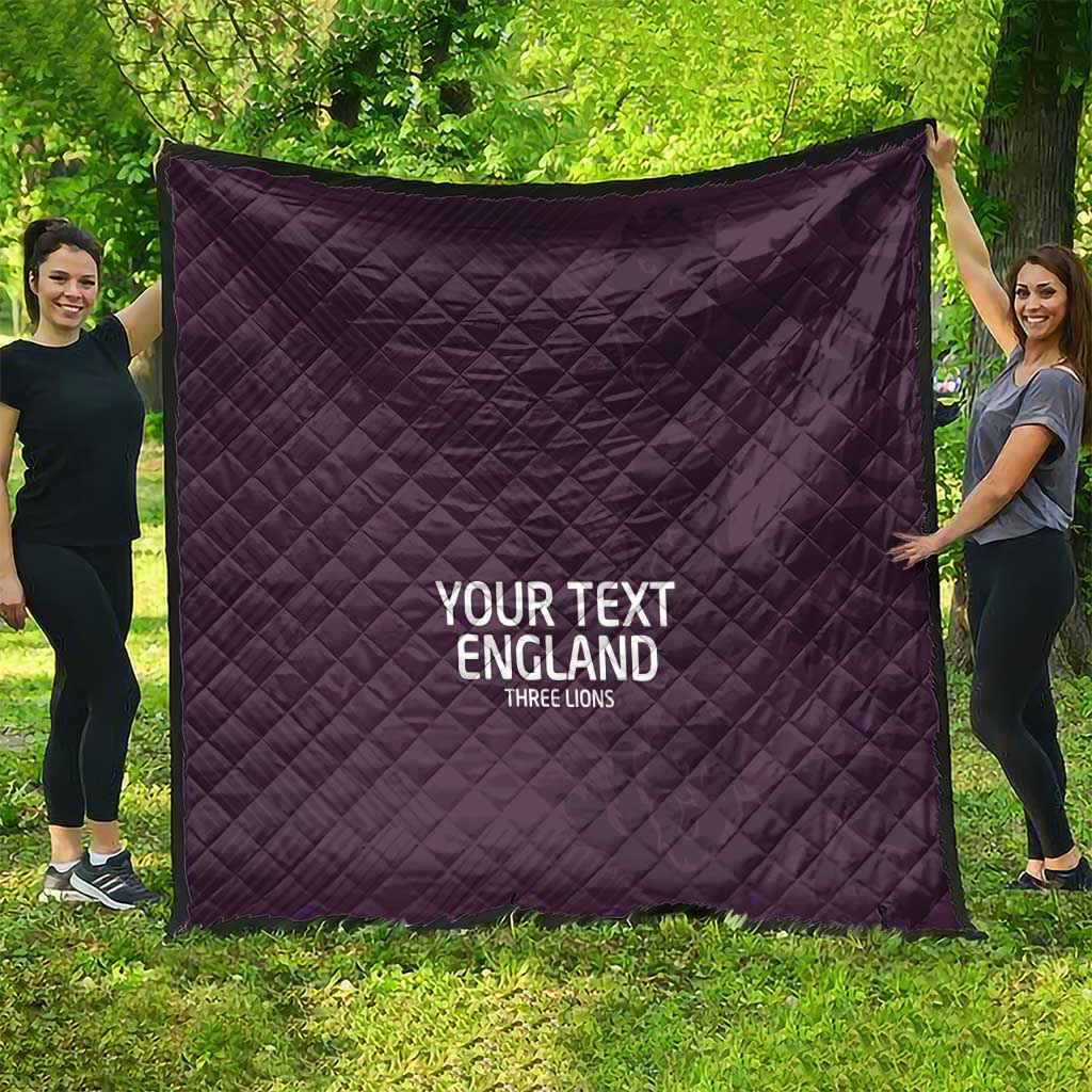 Purple football-style quilt with diamond stitch, spread wide, 'YOUR TEXT ENGLAND' text