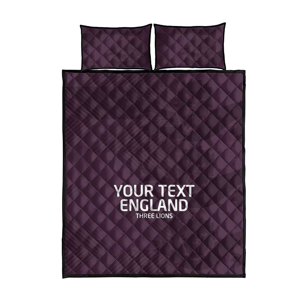 Purple quilt bed set with two matching pillows and centered 'YOUR TEXT ENGLAND' design