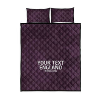Purple quilt bed set with two matching pillows and centered 'YOUR TEXT ENGLAND' design