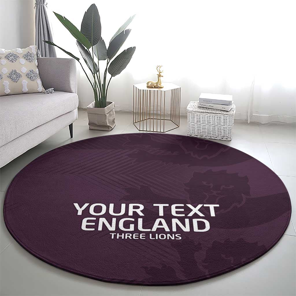 Purple round rug carpet displaying 'YOUR TEXT ENGLAND THREE LIONS' wording