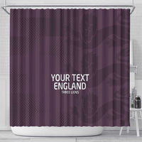 Purple shower curtain with custom 'YOUR TEXT ENGLAND' and 'THREE LIONS' print