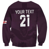 Purple football sweatshirt back with YOUR TEXT 21 and England flag sleeve patch