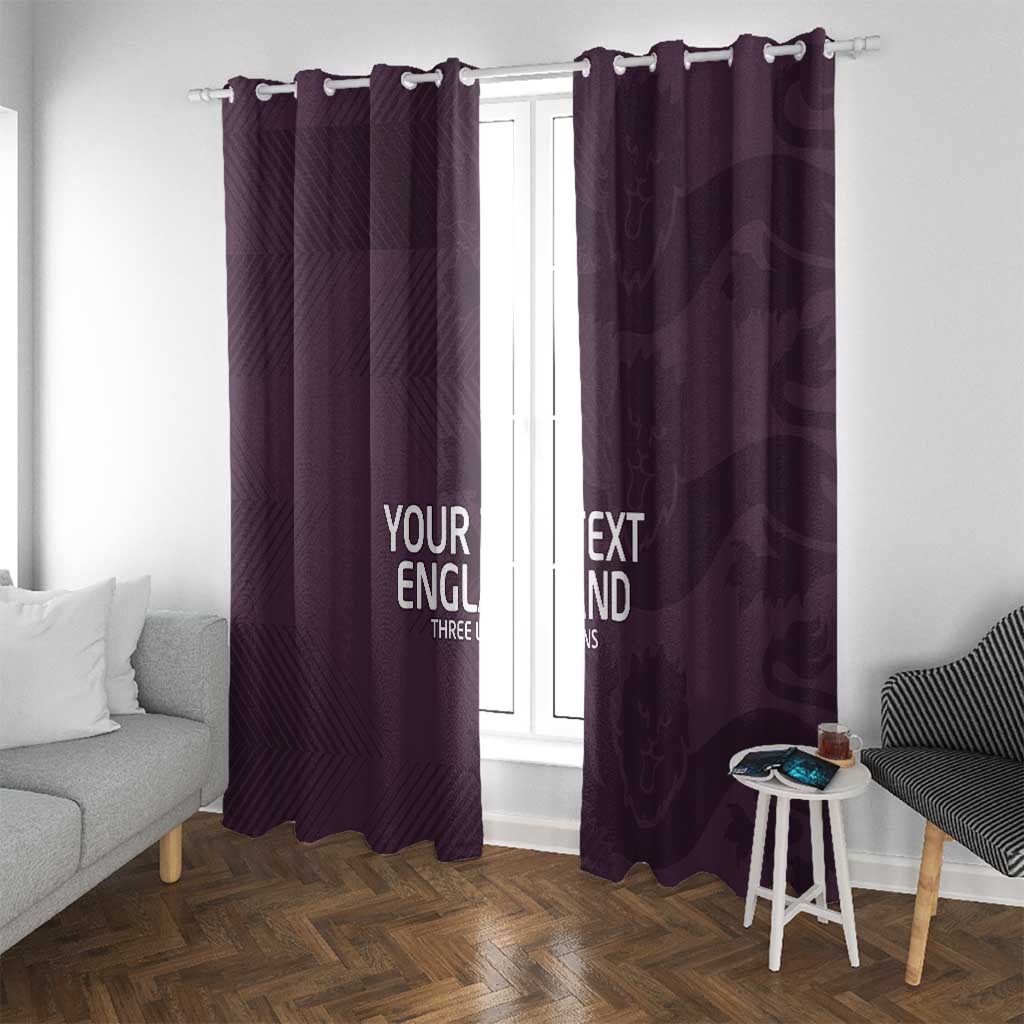 Purple window curtains with printed 'Your England Three Lions' on both panels.