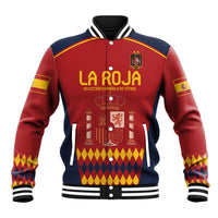 Red Spain football baseball jacket with button front, ribbed striped collar, crest graphic