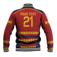 Red Spain football baseball jacket back with customizable text, large 21, ribbed striped collar