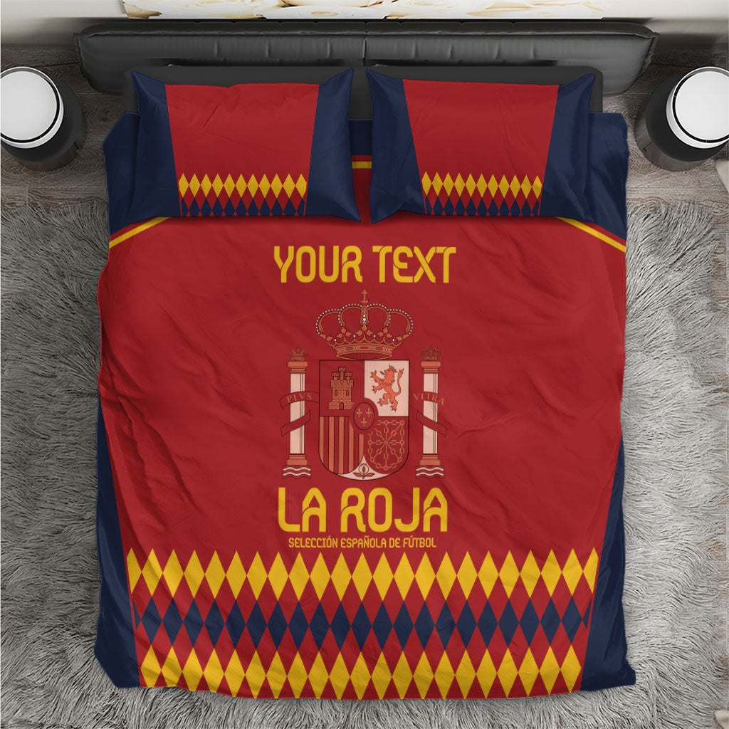 Red and navy Spain football bedding set with yellow diamond border and matching pillowcases