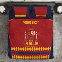 Red and navy Spain football bedding set with yellow diamond border and matching pillowcases
