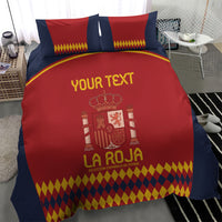Red and navy bedding set with 'YOUR TEXT' crest and yellow diamond hem, two pillows