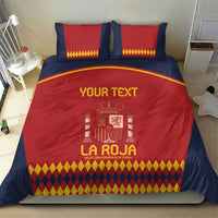 Red and navy Spain football bedding set with 'YOUR TEXT', crest, and two matching pillows