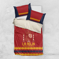 Red and navy Spain football bedding set with crest emblem, yellow diamond border, two pillows