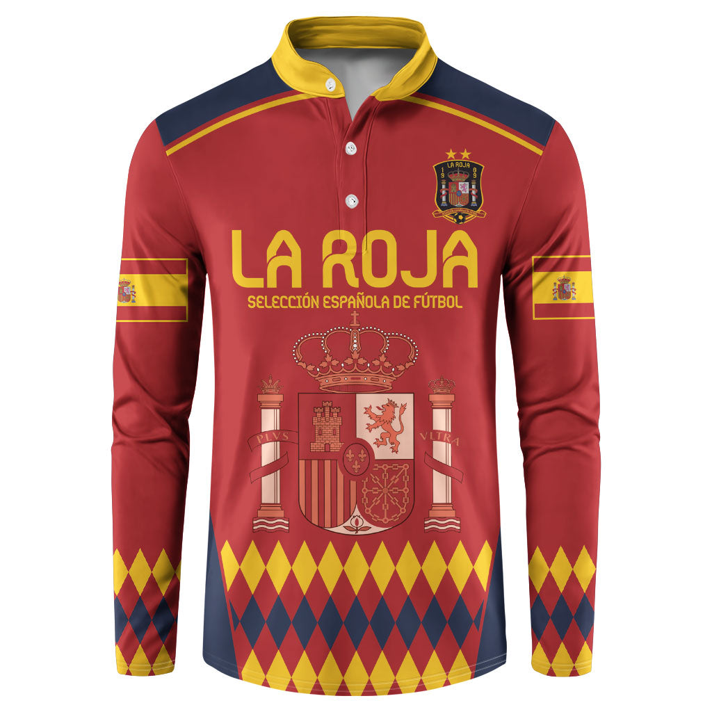Red Spain football sweatshirt with yellow collar, button placket, LA ROJA crest graphic