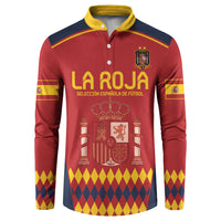 Red Spain football sweatshirt with yellow collar, button placket, LA ROJA crest graphic