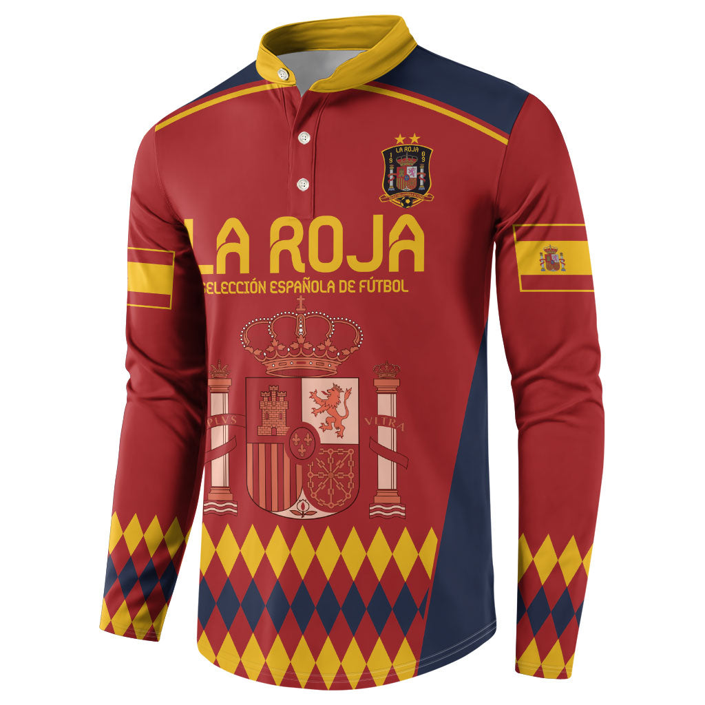 Red Spain football sweatshirt with LA ROJA front print, crest emblem, yellow button placket