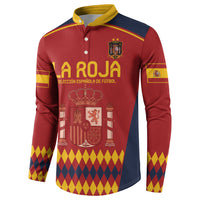 Red Spain football sweatshirt with LA ROJA front print, crest emblem, yellow button placket