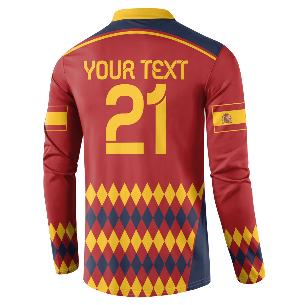 Red Spain football sweatshirt back: yellow “YOUR TEXT” and large number 21