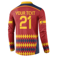 Red Spain football sweatshirt back: yellow “YOUR TEXT” and large number 21