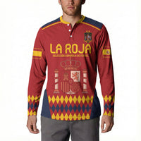 Red Spain football sweatshirt with LA ROJA front graphic and yellow-collar button placket