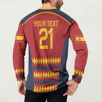 Red Spain football sweatshirt back print: yellow “YOUR TEXT” and number 21