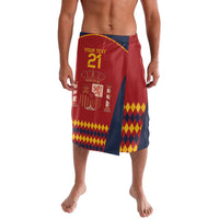 Red and navy Spain-themed football lavalava with side slit and geometric trim