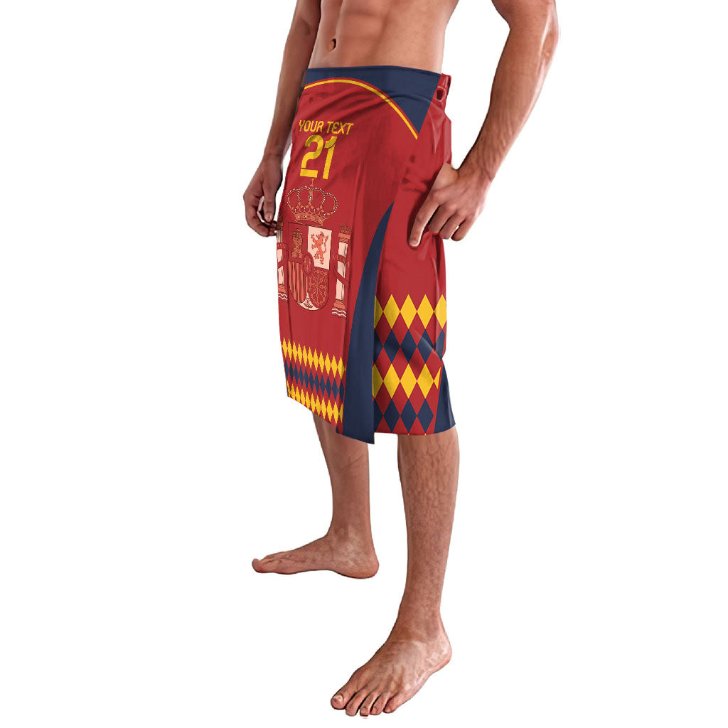 Red and navy football lavalava featuring crest graphic and diamond pattern trim