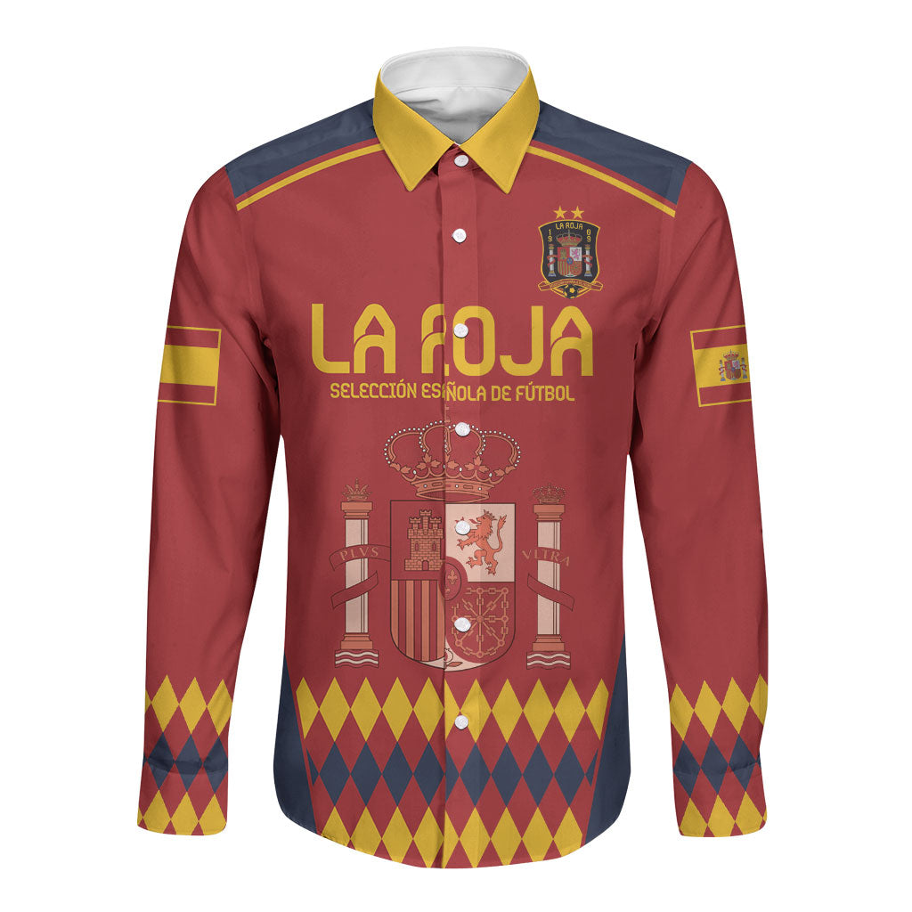 Red long-sleeve football button shirt with yellow collar and front crest graphic