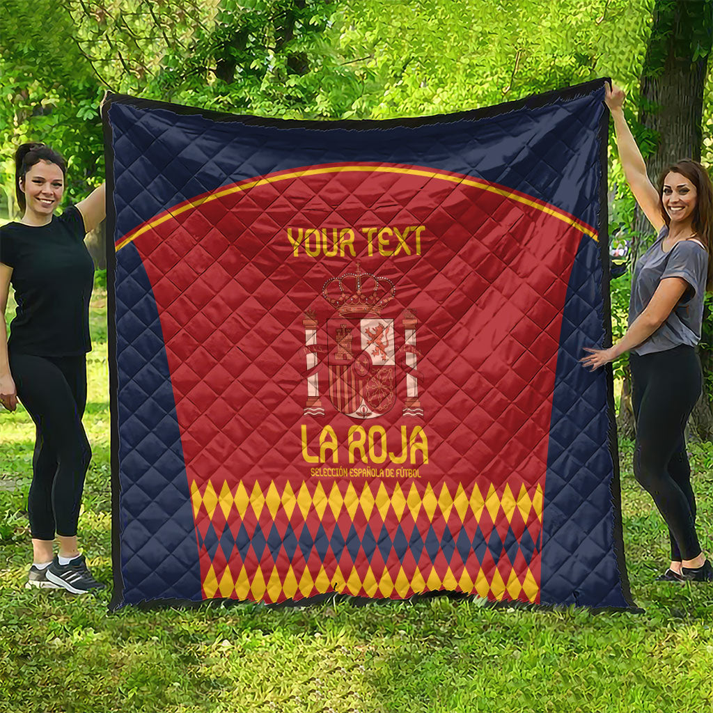 Spain-themed blue and red quilt with crest, yellow-gold border and patterned bottom